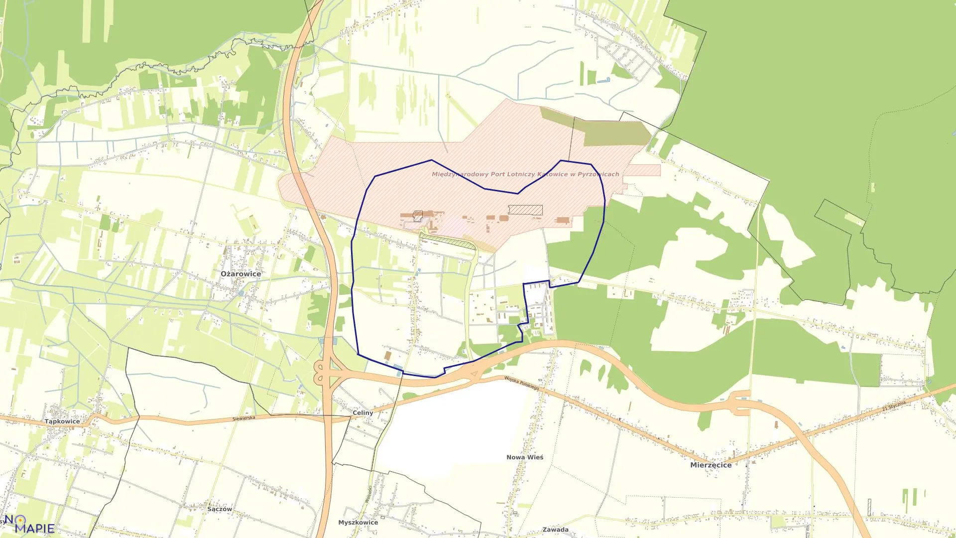 Mapa obrębu Pyrzowice w gminie Ożarowice